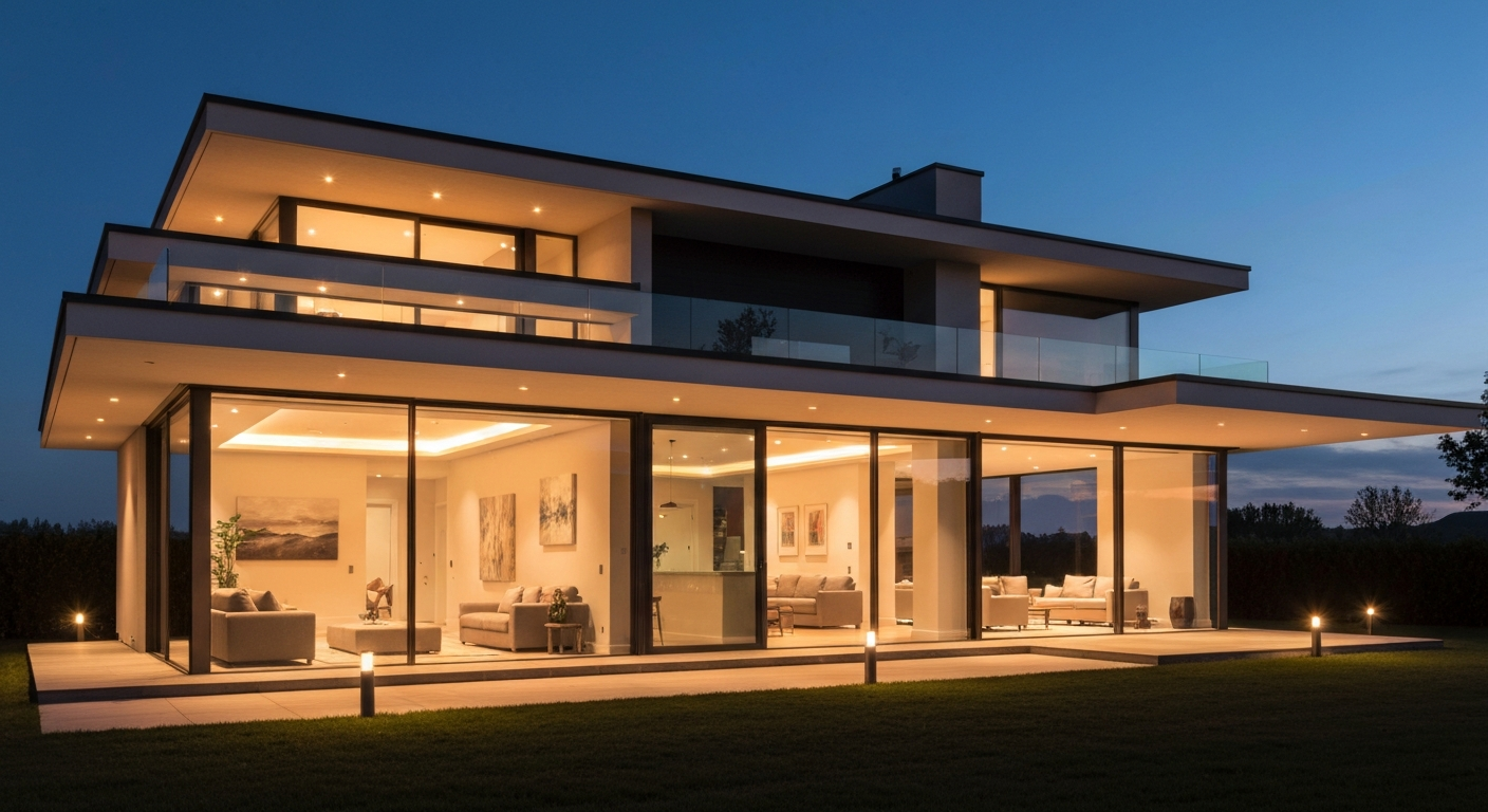 Luxurious home exterior at twilight