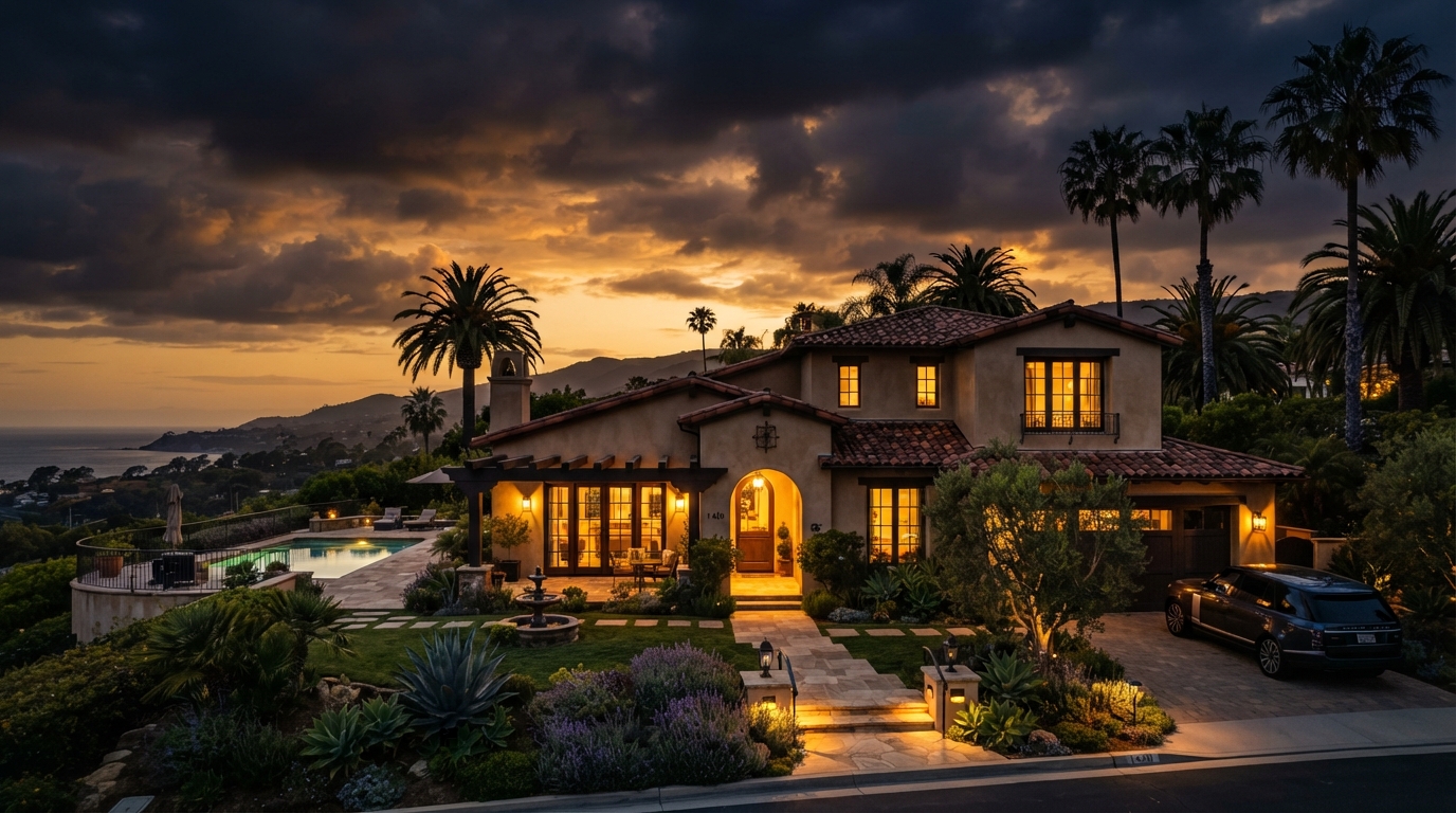 California home at sunset