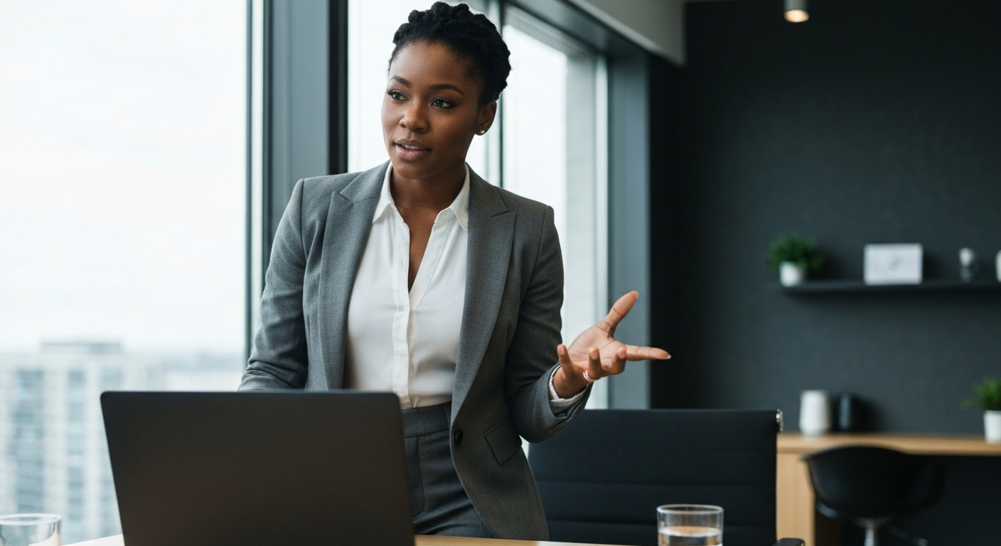Confident Black woman leading a business strategy meeting