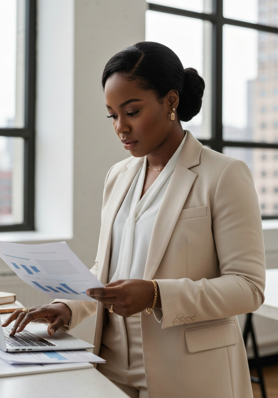 Confident Black woman entrepreneur working on laptop