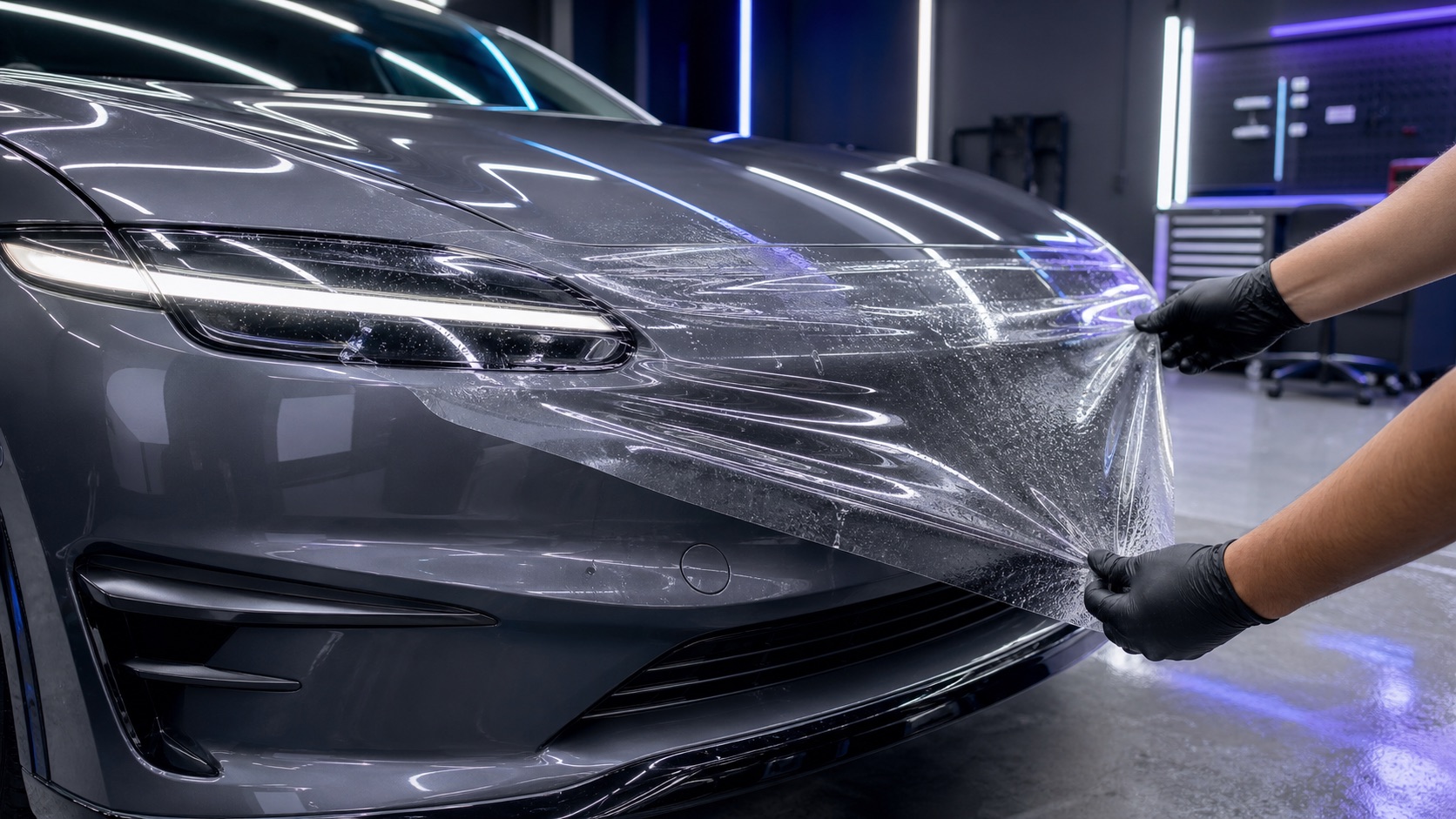 Professional paint protection film installation on an electric vehicle for Zero Emission Runs prep
