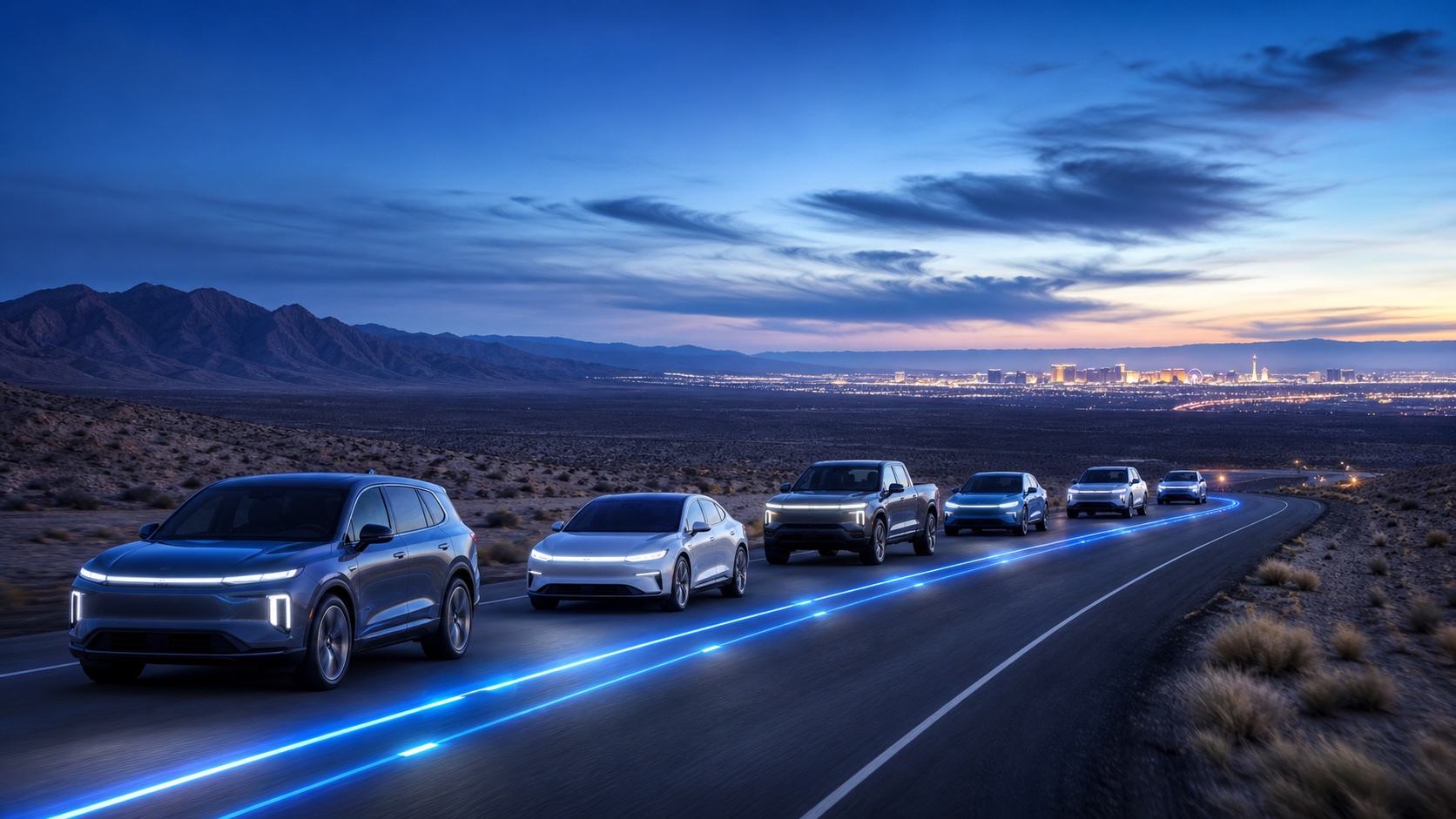 AI EV convoy driving towards Las Vegas skyline for Zero Emission Runs 2026