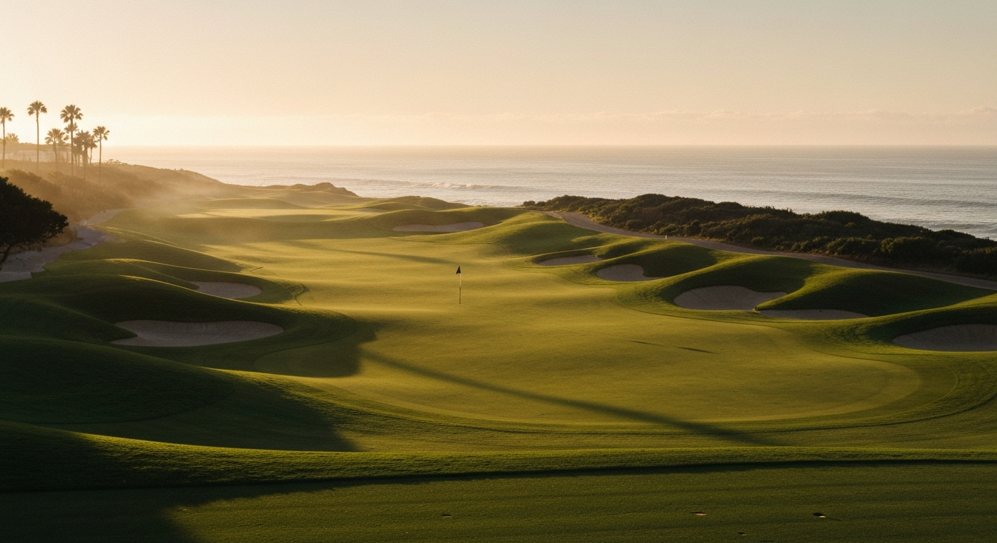 Pristine golf course at golden hour