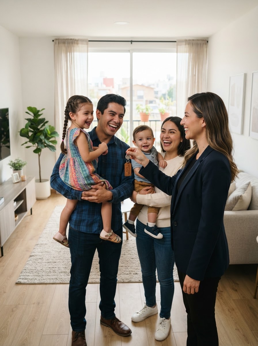 Familia mexicana recibiendo las llaves de su nueva casa con el respaldo de CERFIN Brókers