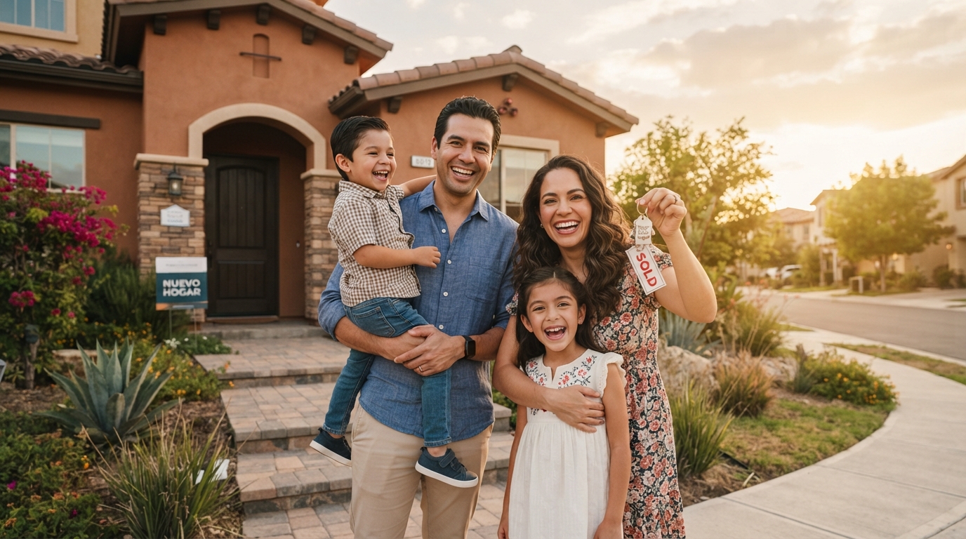 Familia mexicana feliz recibiendo las llaves de su nueva casa