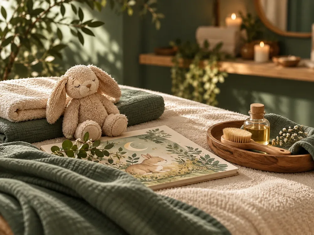 Table de massage préparée avec soin et doudou pour enfant chez Sab Care à Égly