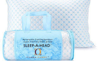 Blue-and-white reversible cooling memory foam pillow with carrying case