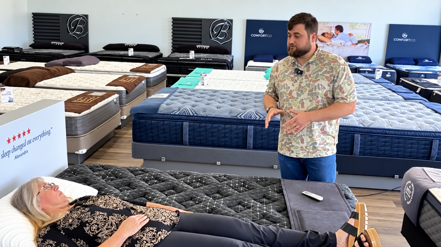 Customer trying a mattress with a Metro Mattress Sleep Pro during a ProFit fitting