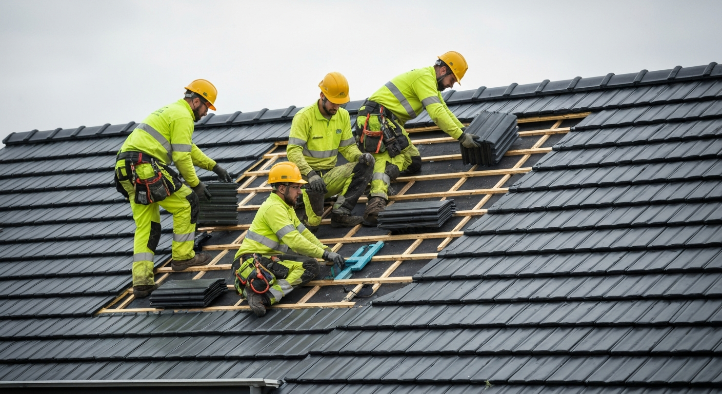 Professional roofers working