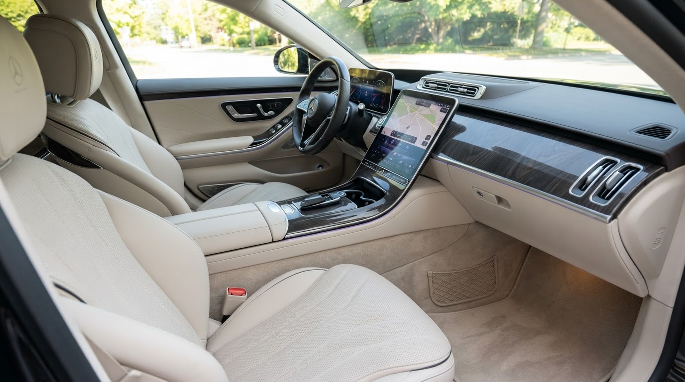 Car detailing near me — spotless luxury car interior with detailed leather seats after professional interior detailing