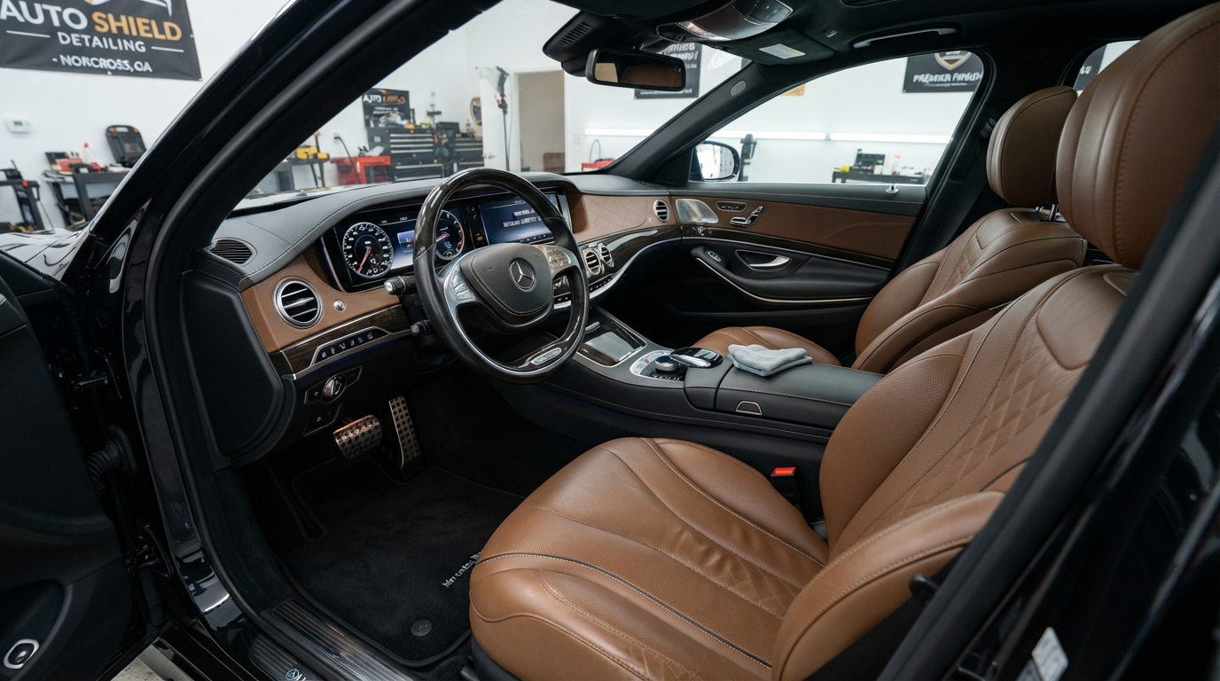 Auto detailing Norcross GA — spotless luxury car interior with clean leather seats after professional interior detailing