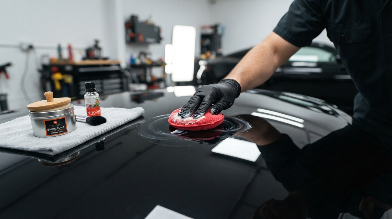 Car detailing near me — close-up of hand waxing glossy car paint for long-lasting protection