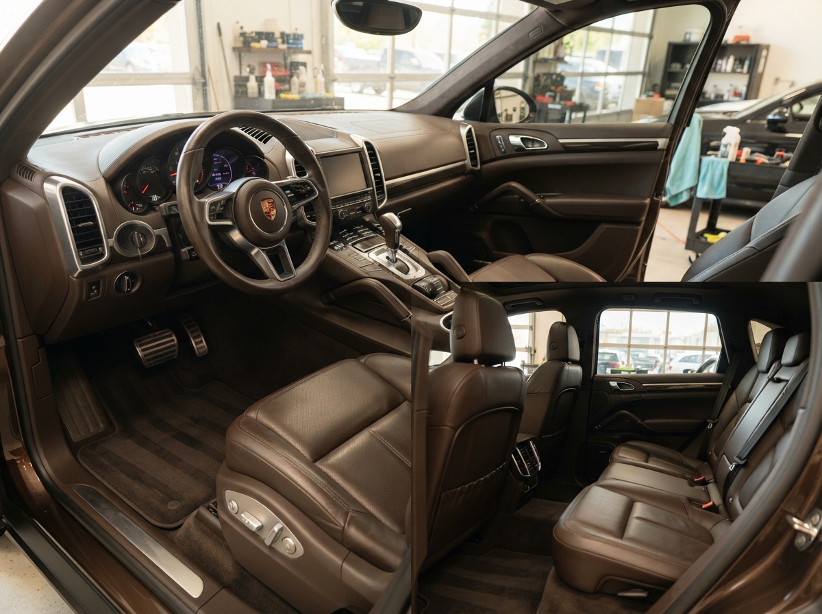 Spotless car interior after professional interior detailing with clean leather seats and dashboard