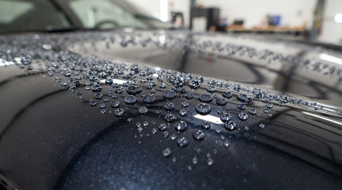 Ceramic coating & paint protection Norcross — water beading on a ceramic-coated surface showing hydrophobic protection