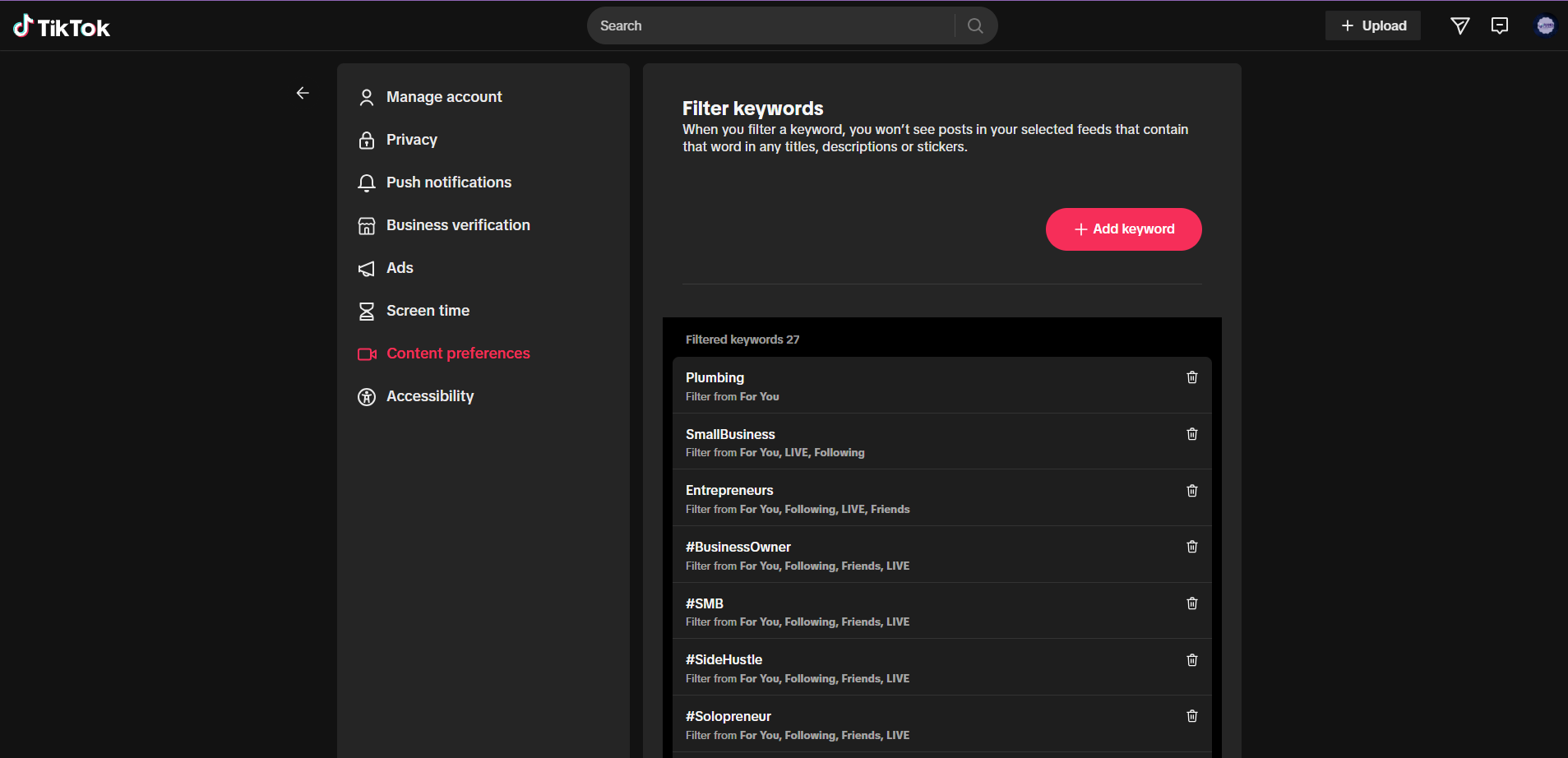 TikTok Content Preferences and Keyword Filtering Interface for Small Business