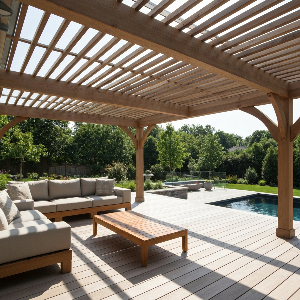 Custom deck featuring a wooden pergola for a shaded oasis