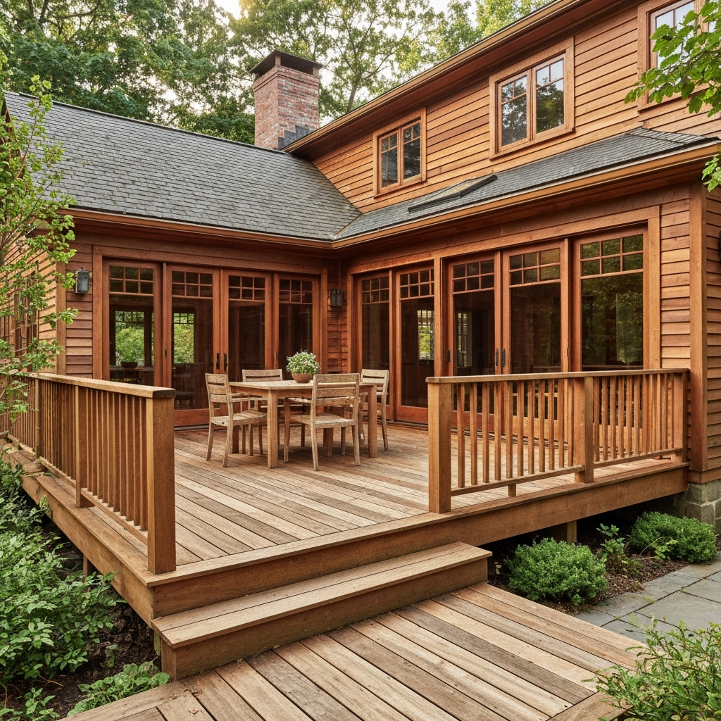 Classic natural cedar wood deck installation