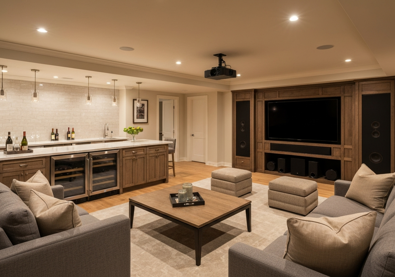 Spacious custom basement suite renovation with modern finishes