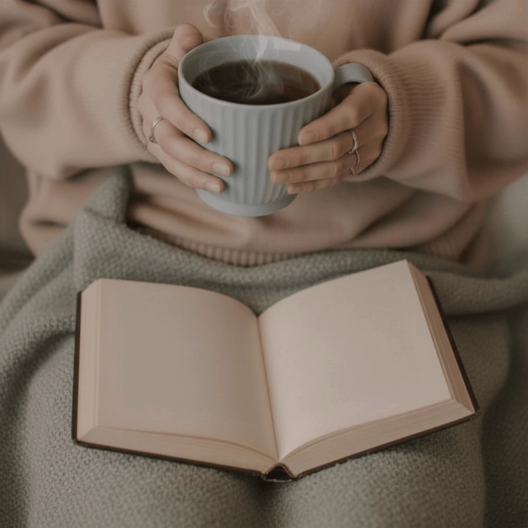 Woman holding mug with open journal