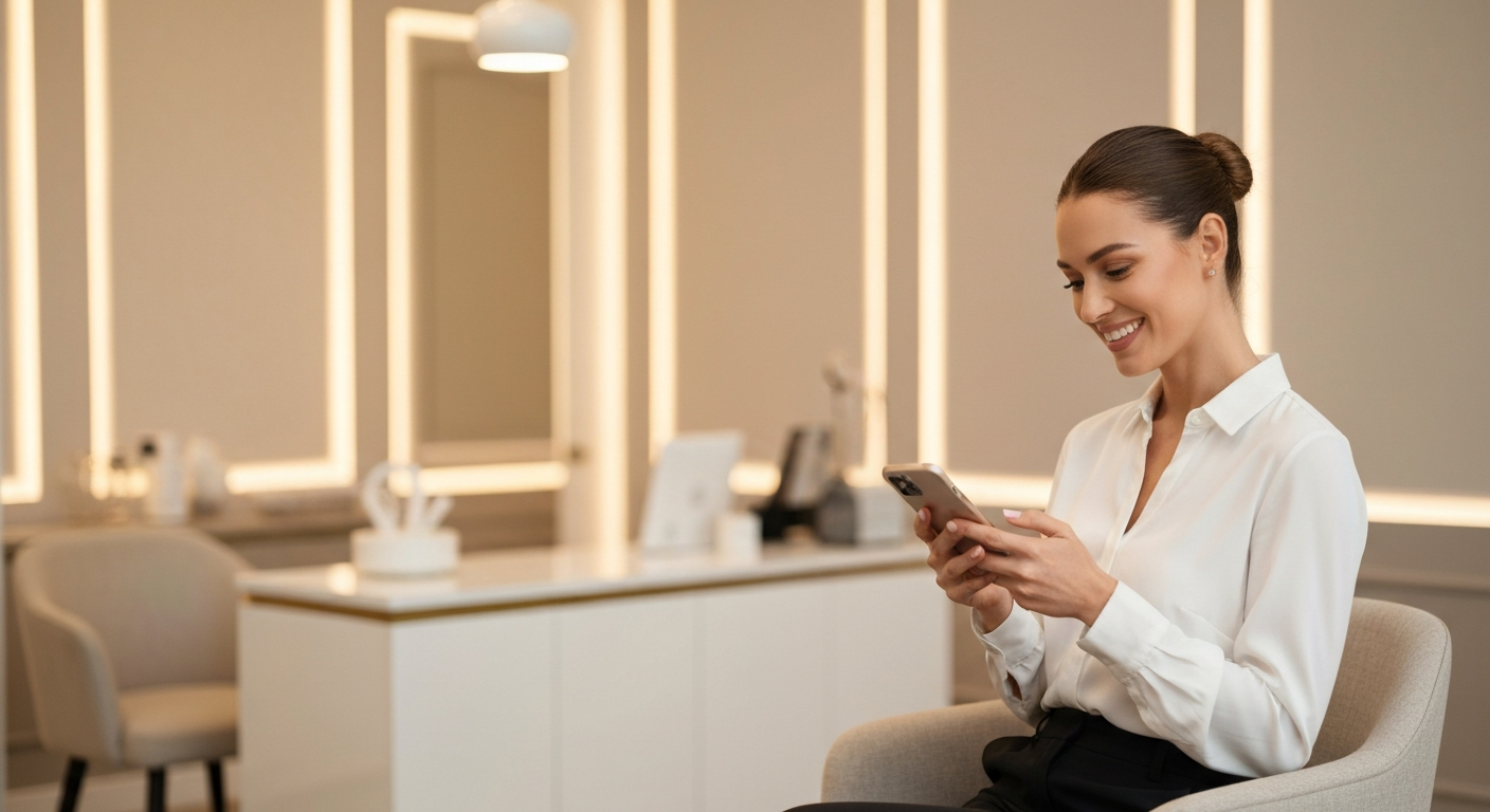 Relaxed med spa owner checking her phone