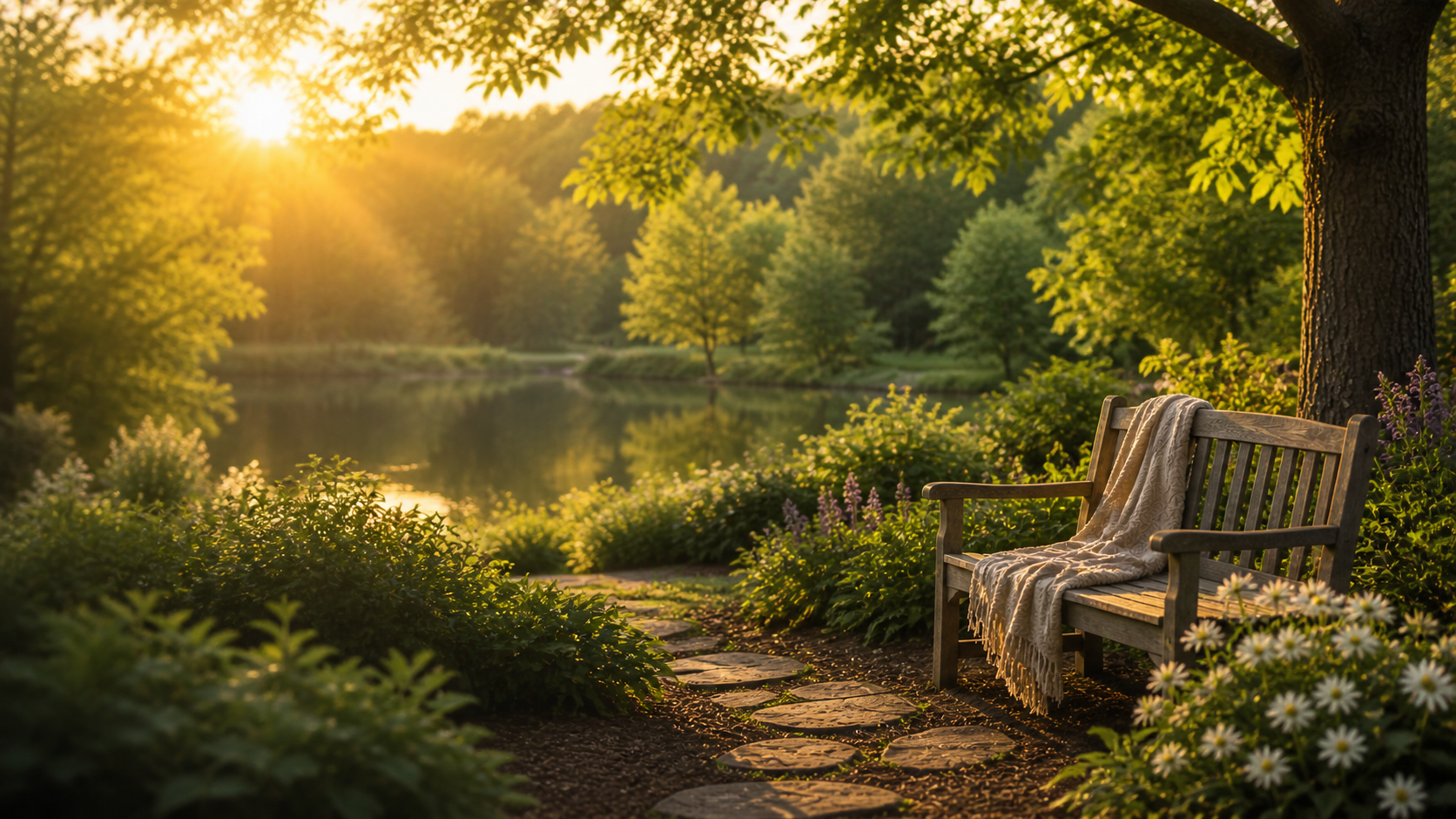 Peaceful garden path with a wooden bench at sunset