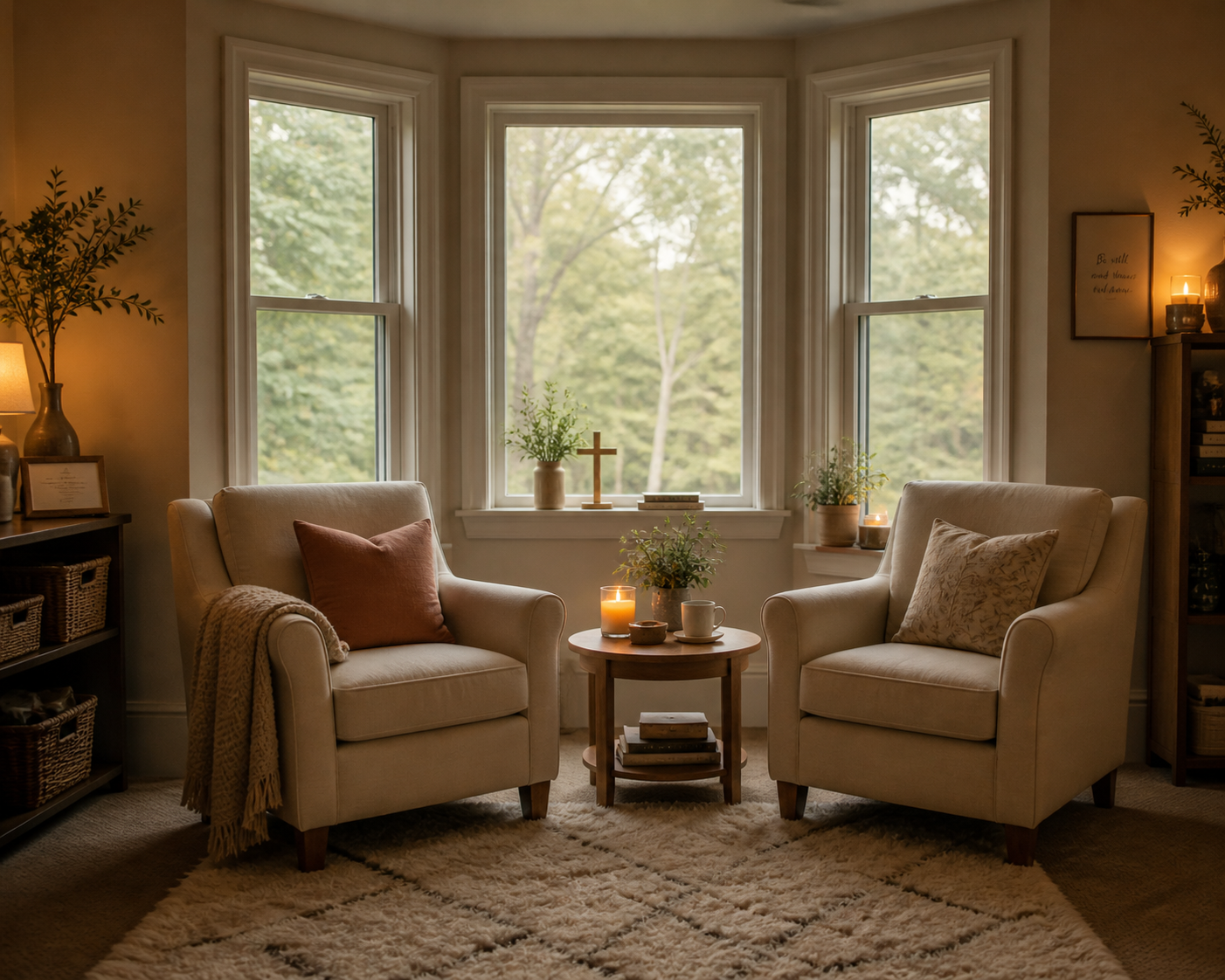 Two comfortable chairs and a table with a lit candle in front of 3 windows in a peaceful setting