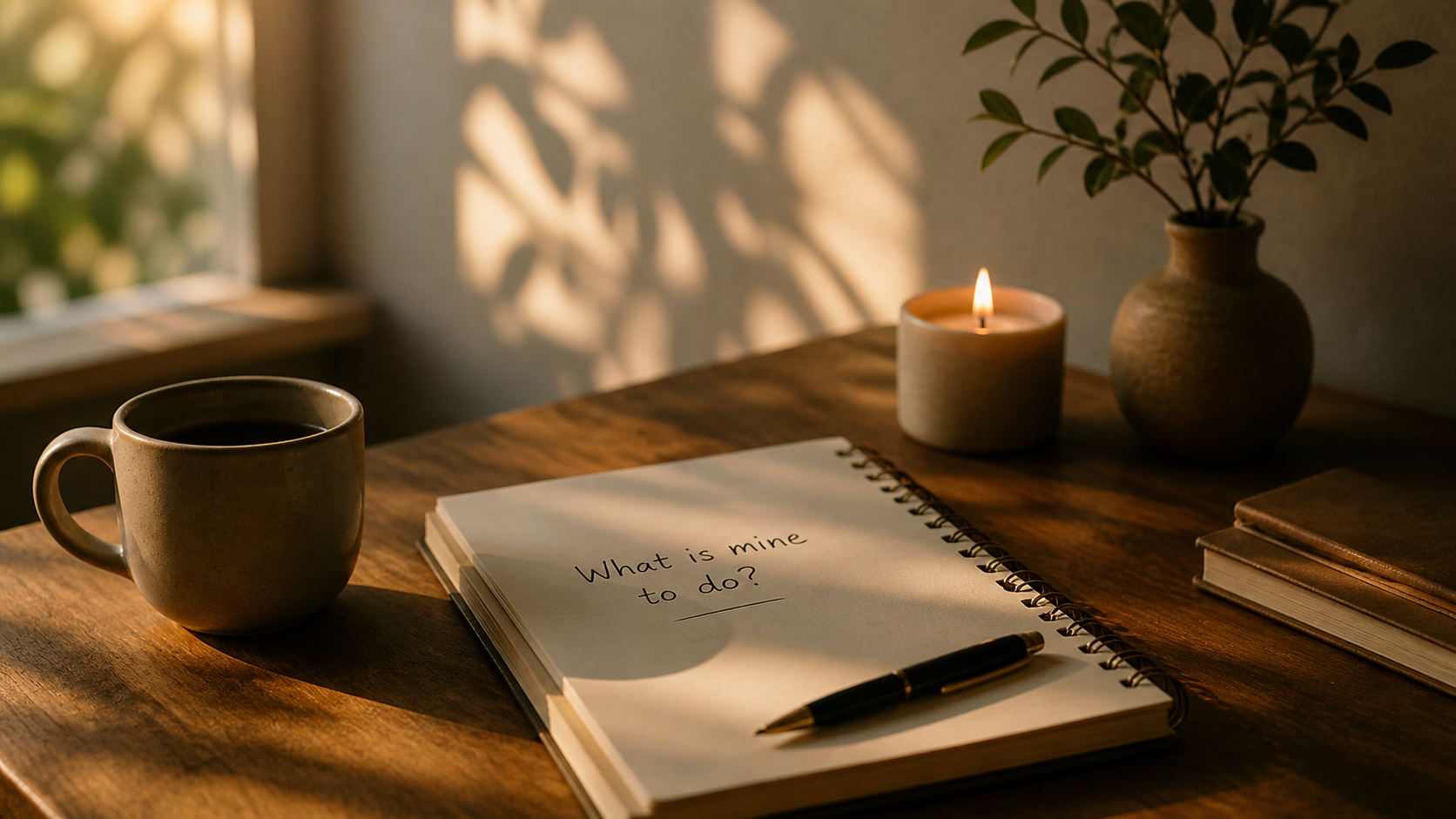 Journal with the words 'What is mine to do?' next to a coffee mug and lit candle