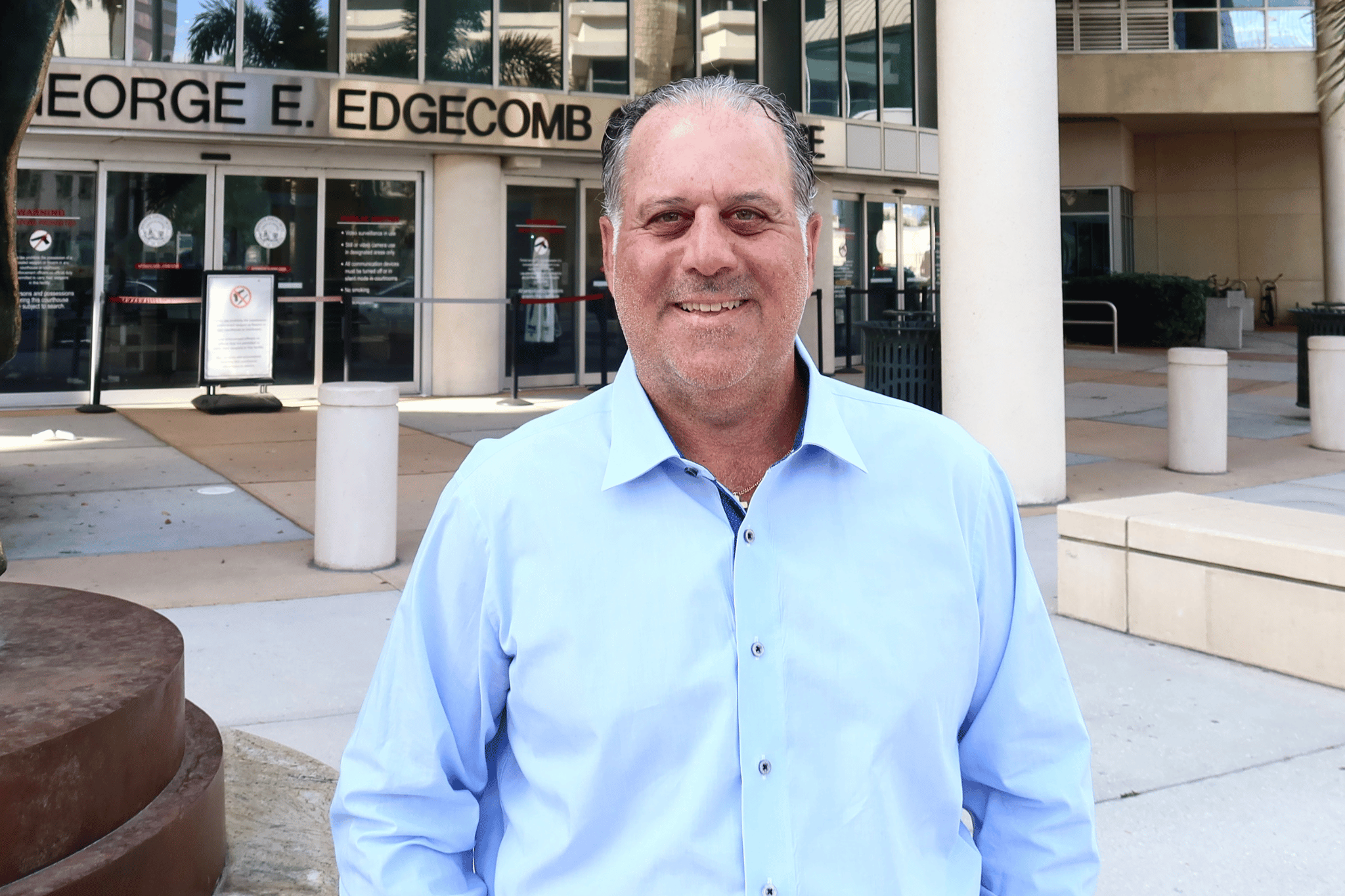 John Ossi in front of Edgecomb Courthouse