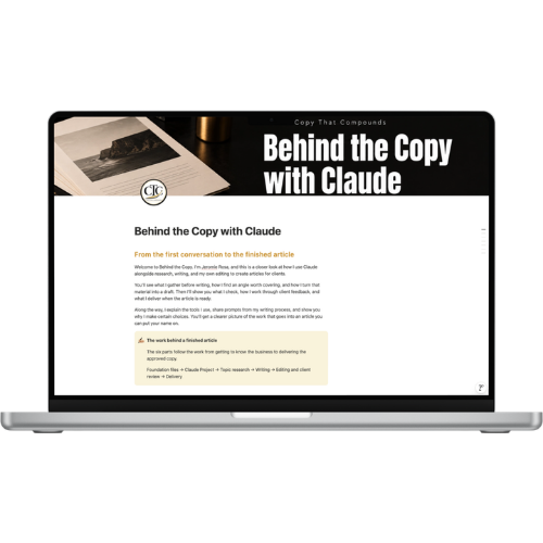 Laptop displaying Jeromie Rosa’s Behind the Copy with Claude guide