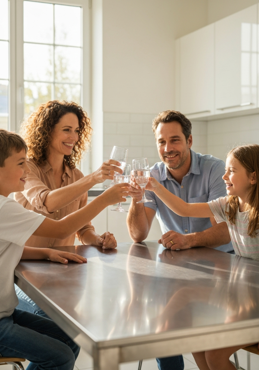 Happy family drinking clean water