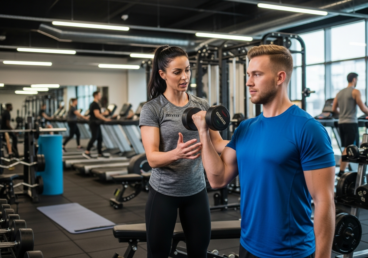 Personal trainer coaching client on the gym floor