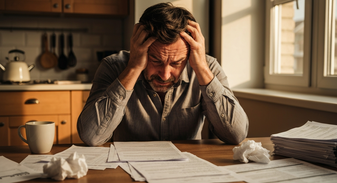 Stressed homeowner looking at tax documents