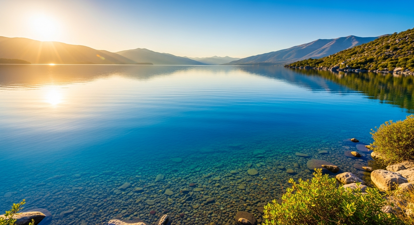 Bright, natural late afternoon sun over calm, clear, deep blue lake water