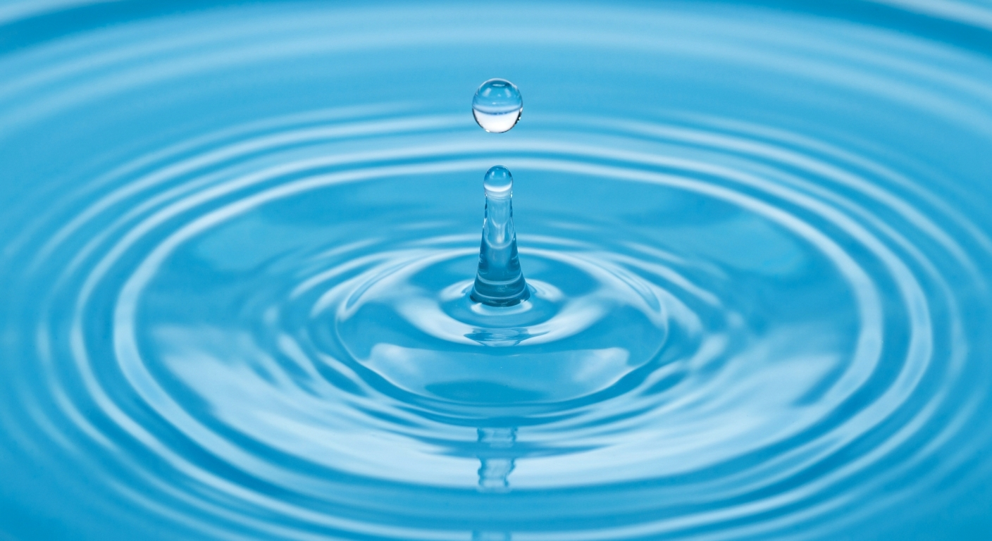 Water drop creating concentric ripples spreading outwards in clear blue water