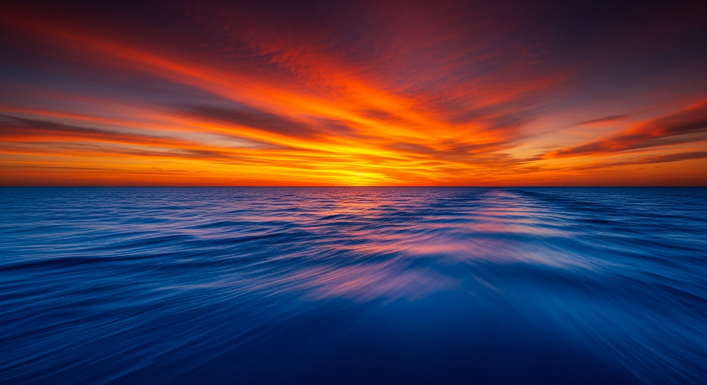 Glowing fiery sunrise over deep blue water