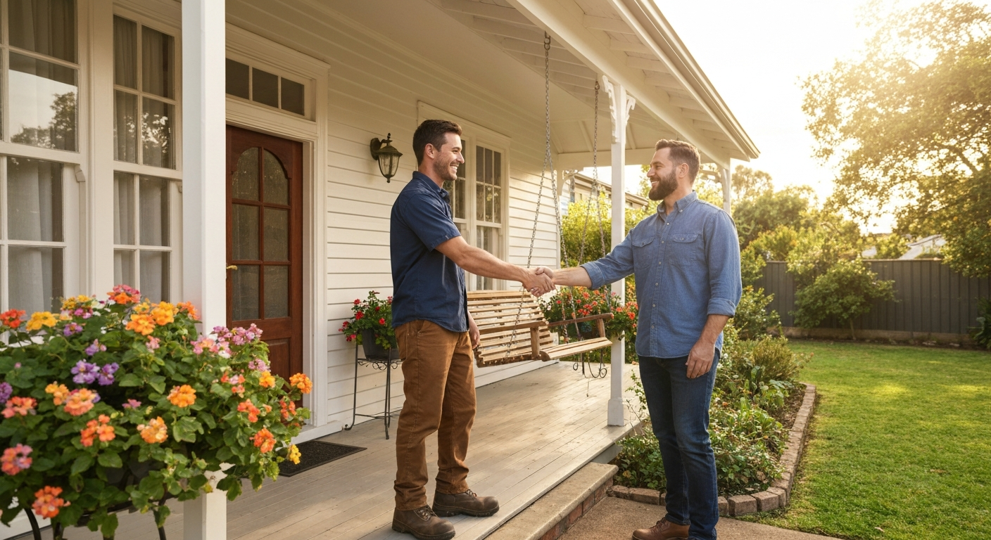 Australian tradie shaking hands with a happy customer after receiving a 5-star Google review