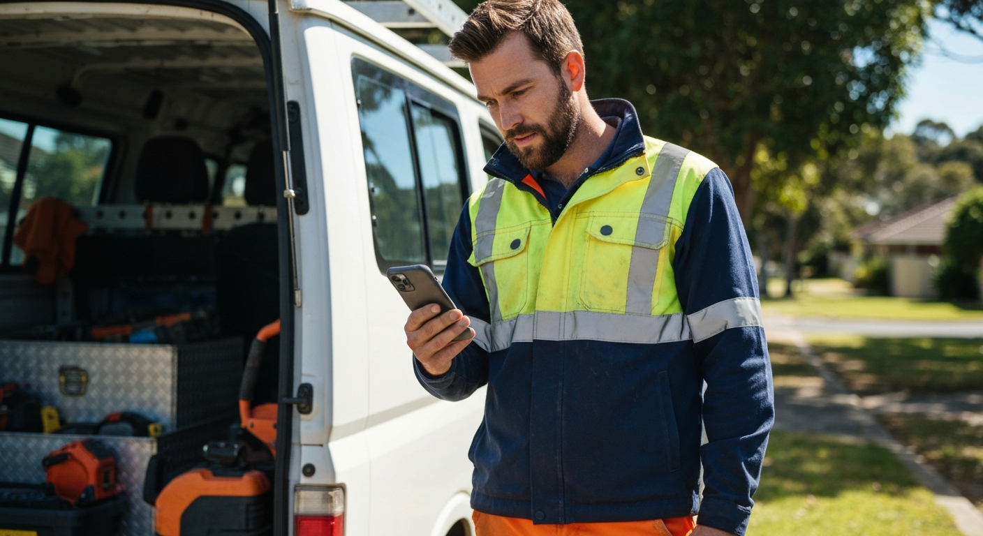 Australian tradie checking missed calls on mobile phone next to work van