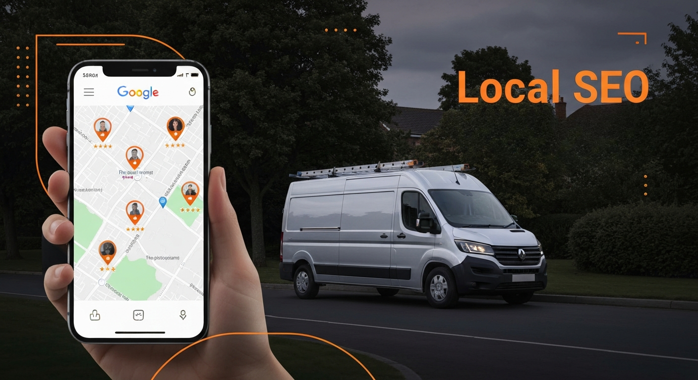 Local SEO for trade business showing Google Maps top ranking and 5-star reviews