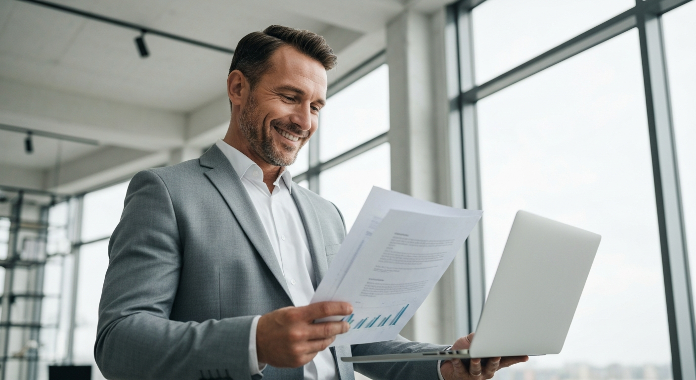 Happy confident professional reviewing improved credit score on laptop