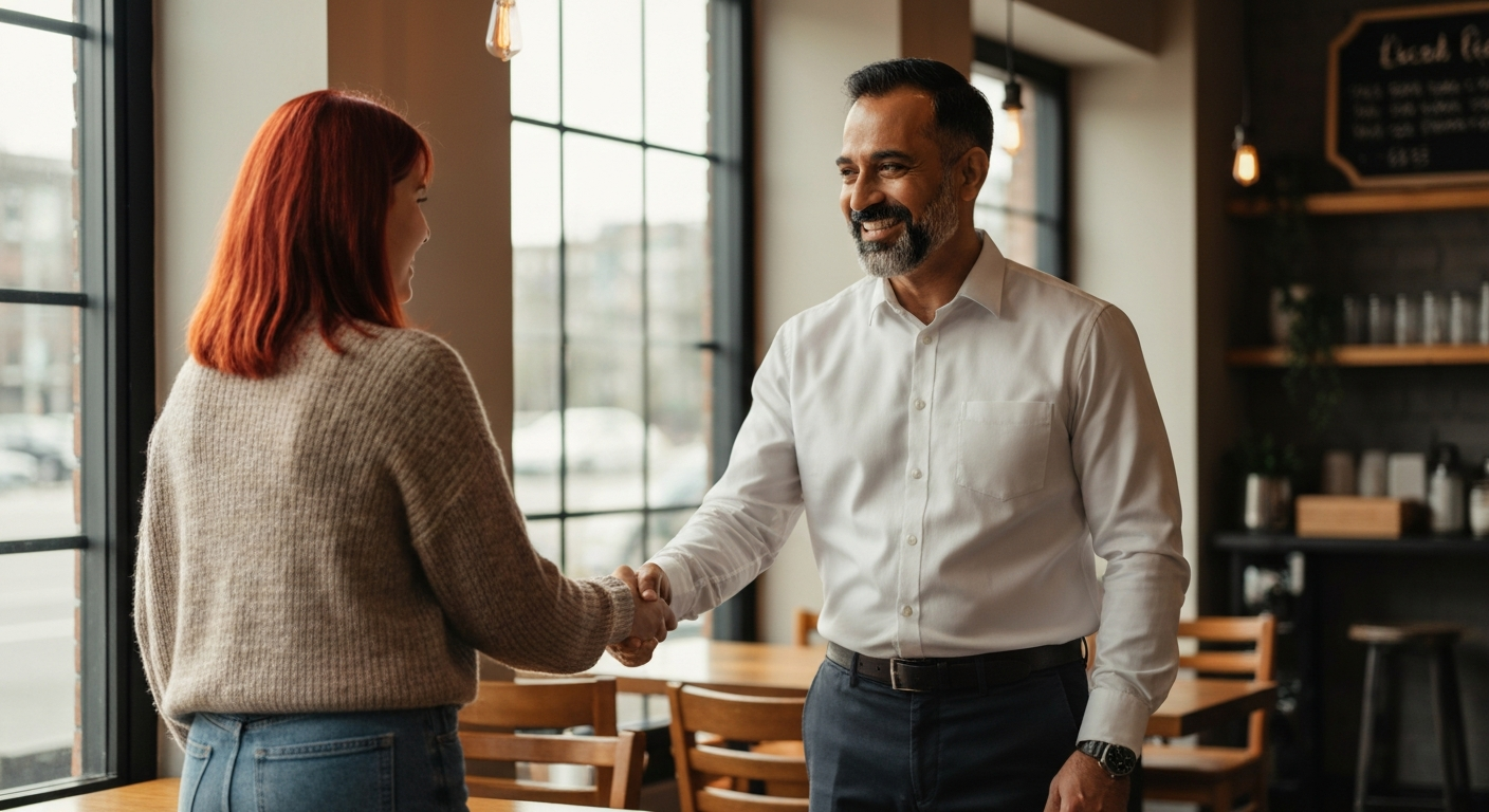 A friendly business owner shaking hands and expressing gratitude