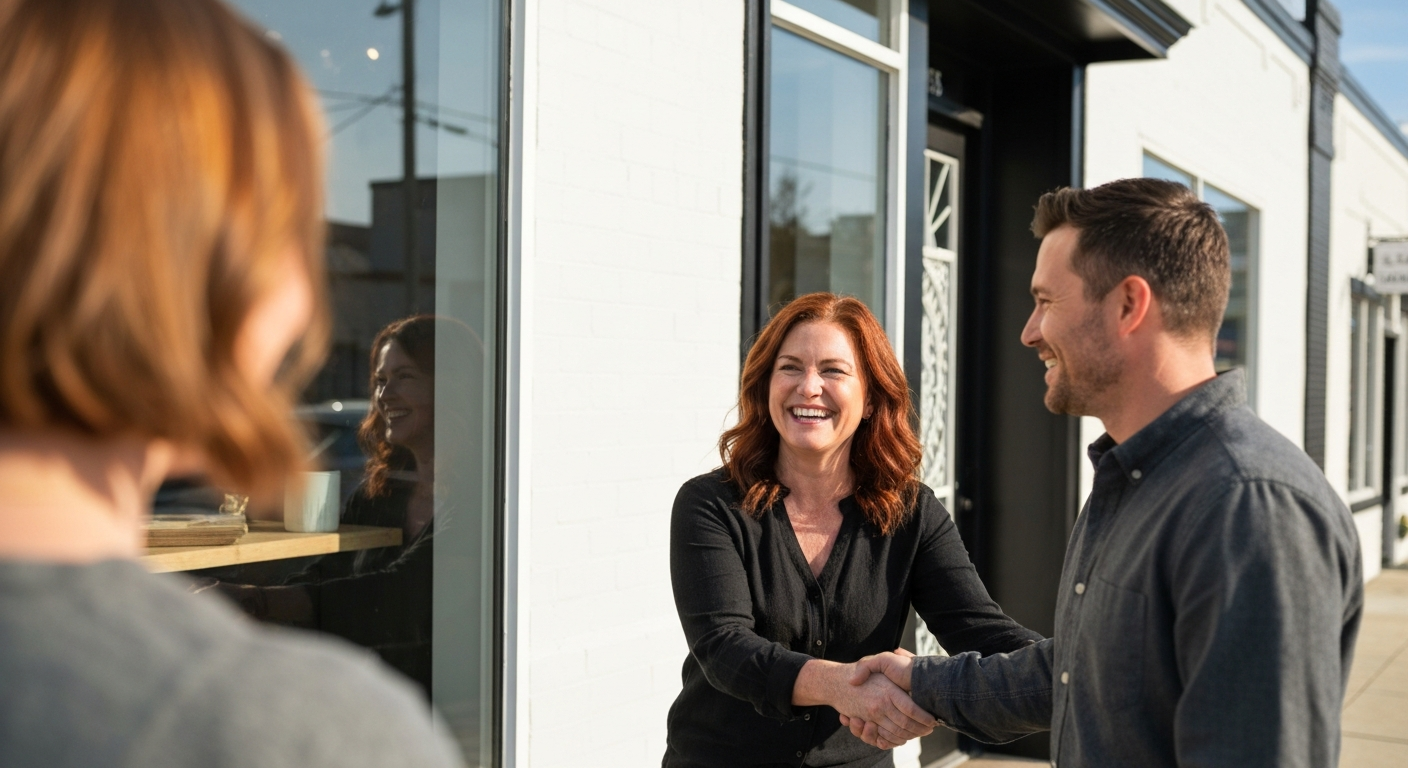 Local business owner warmly greeting a neighbor