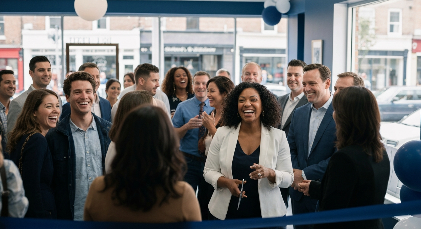 A bustling grand opening for a local business with excited customers