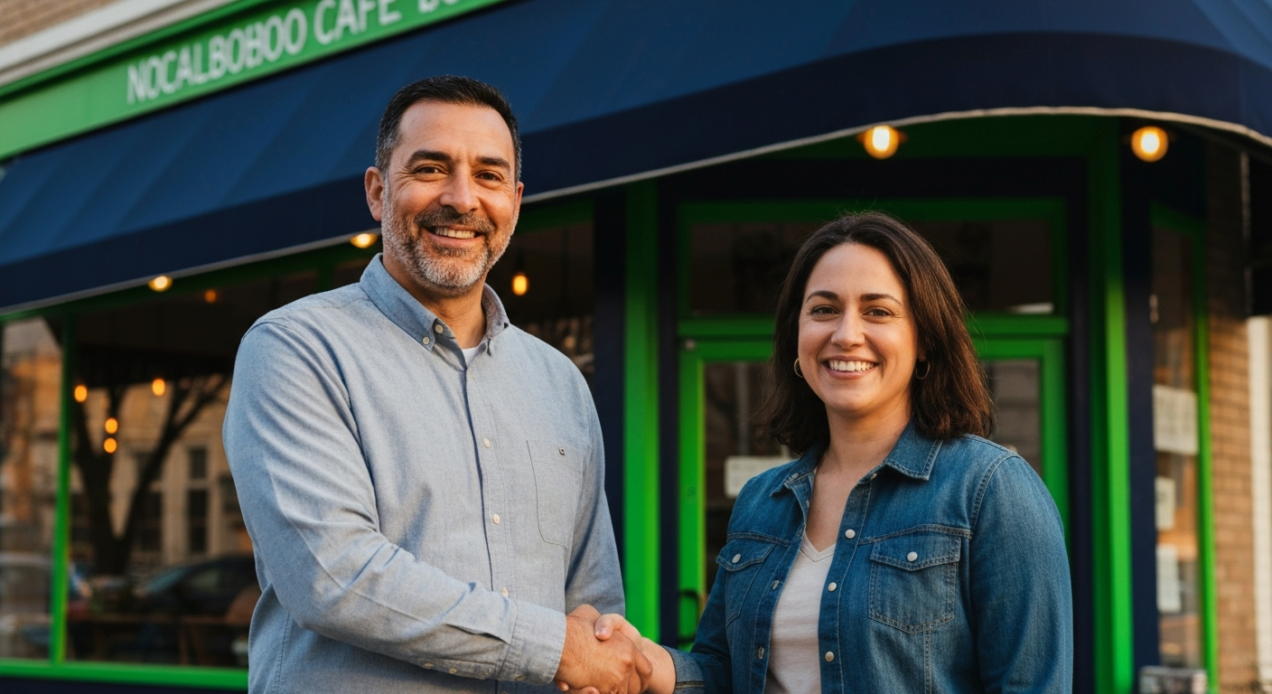 Two local business owners shaking hands