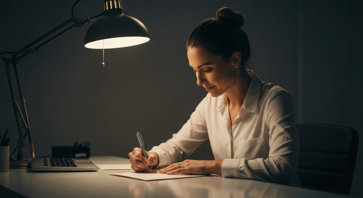 A thoughtful local business owner writing a thank you card