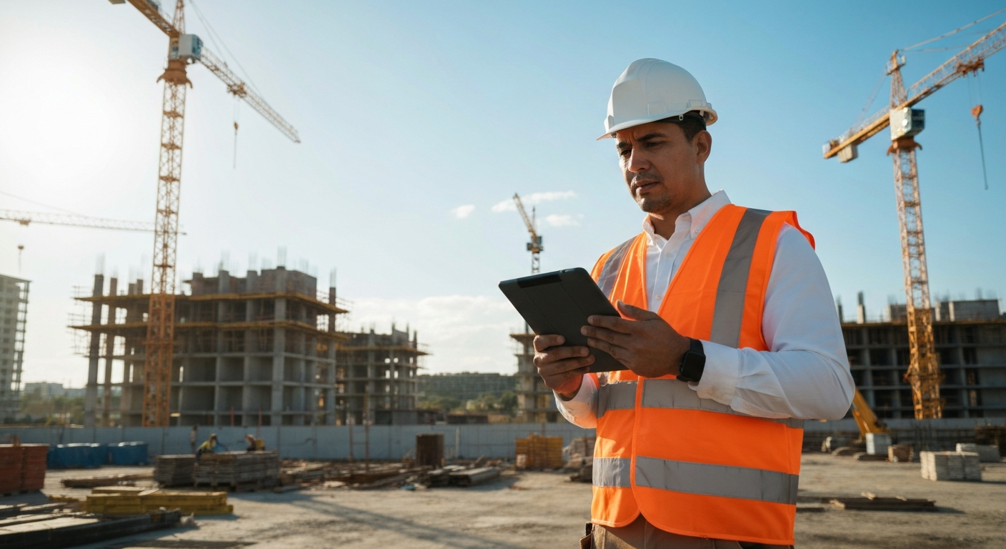 Construction manager using AI tools on tablet