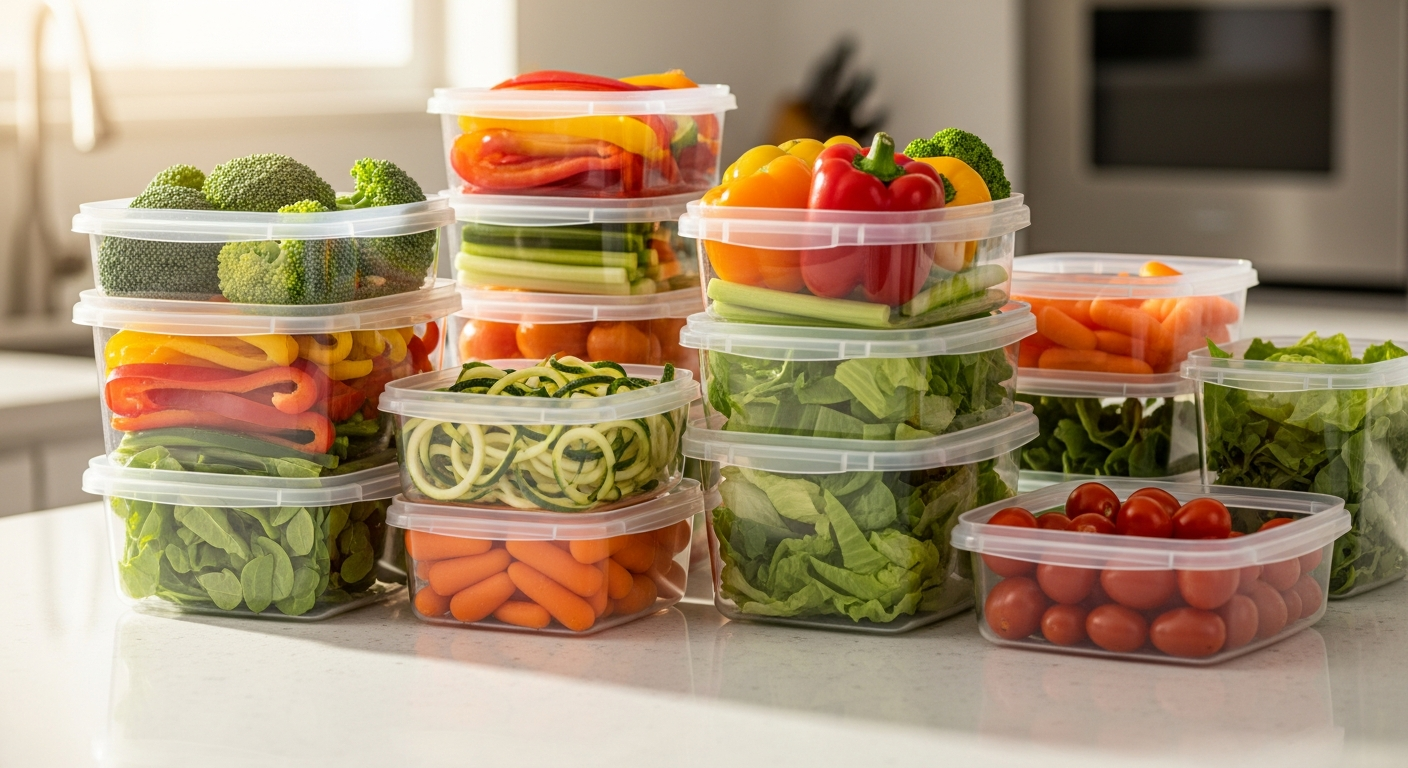 Tupperware containers filled with fresh vegetables