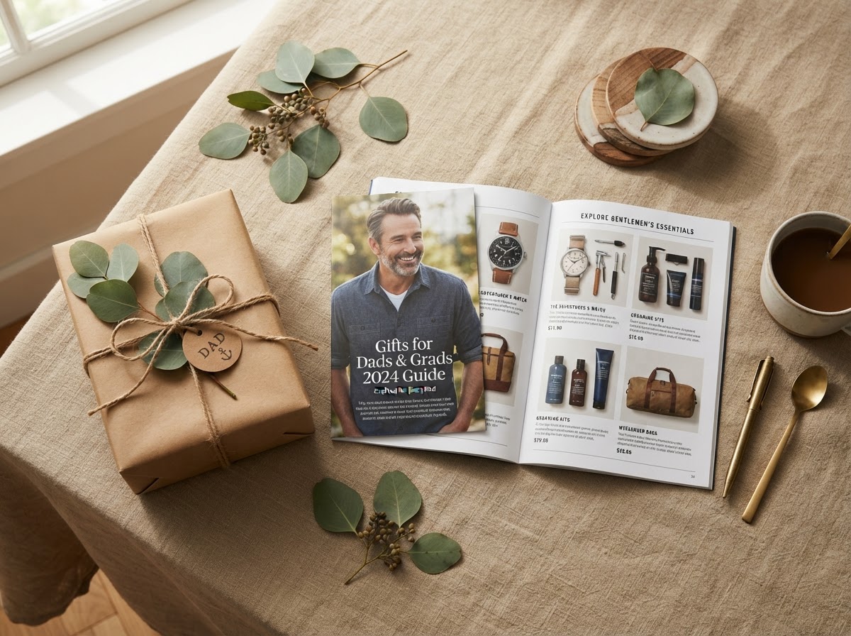 Mockup of the My Little Local Father's Day Gift Guide PDF resting on a warm linen surface