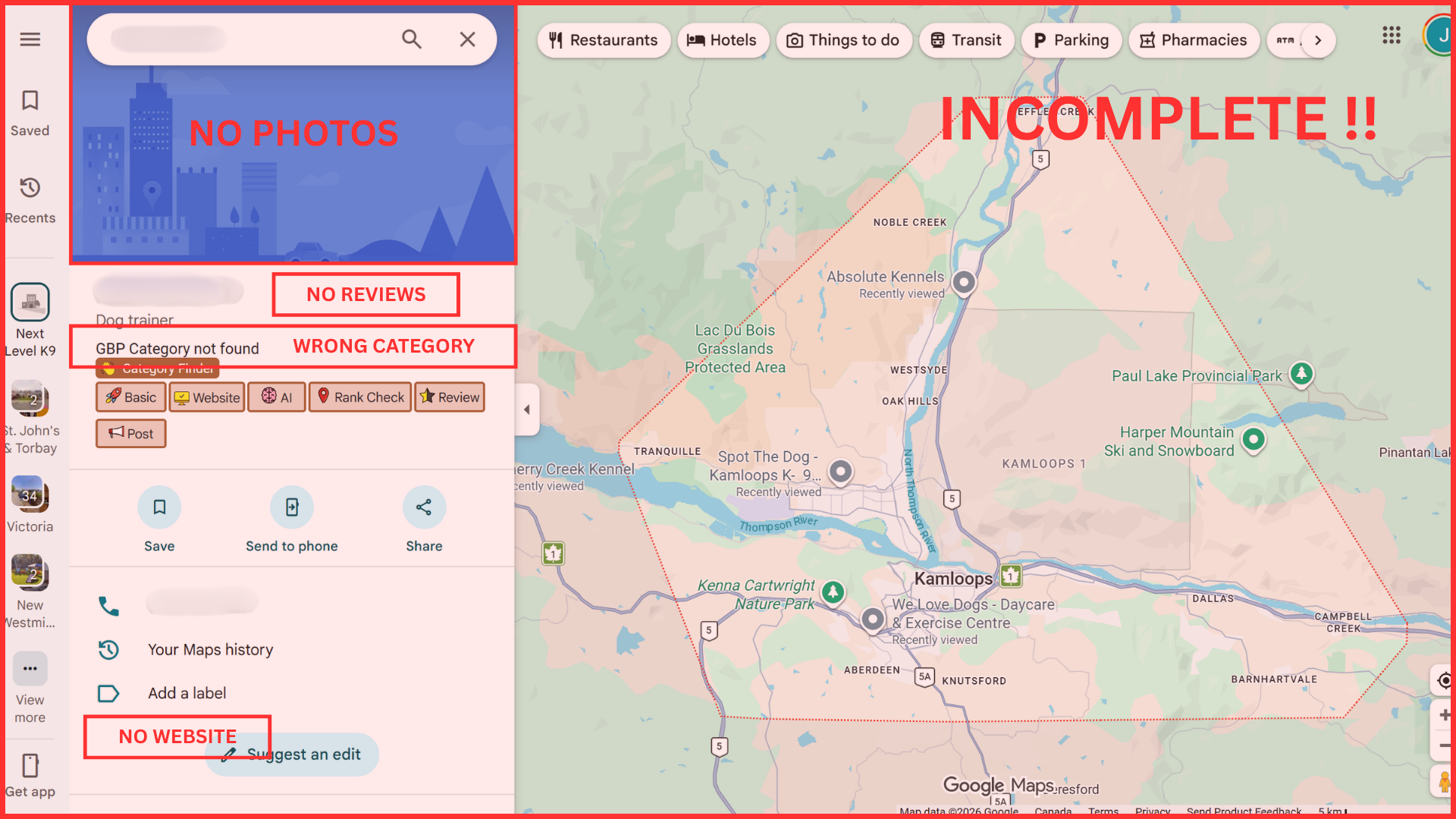 Incomplete Google Business Profile example for K9 trainer
