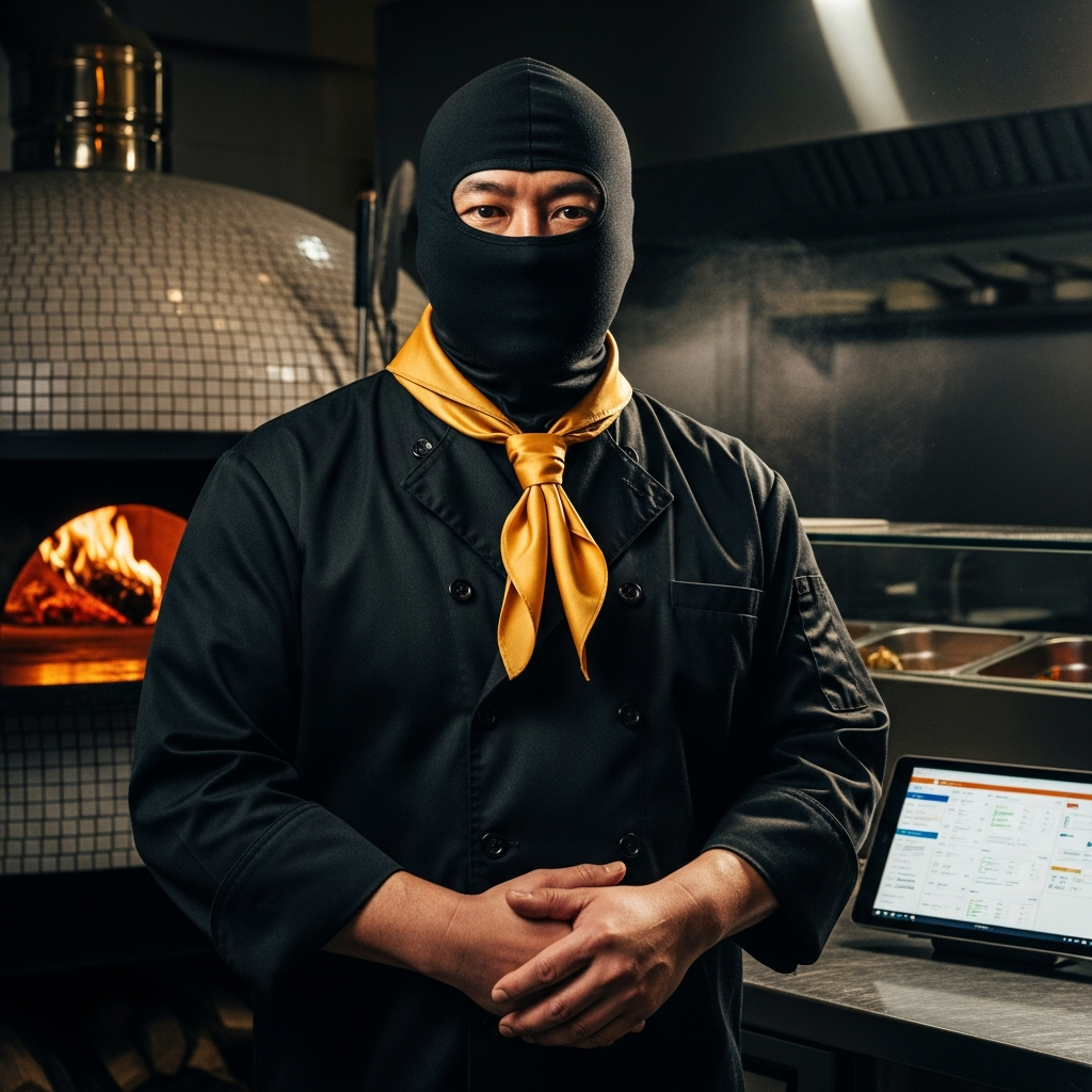The Fat Ninja — head pizzaiolo at Fat Ninja Pizza, beside the wood-fired oven