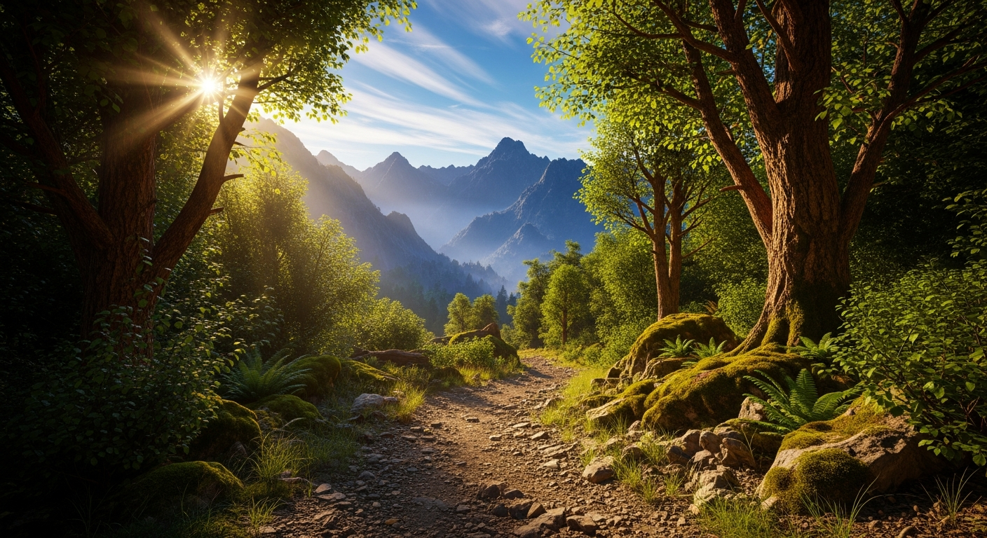 Winding path through a lush forest and mountains